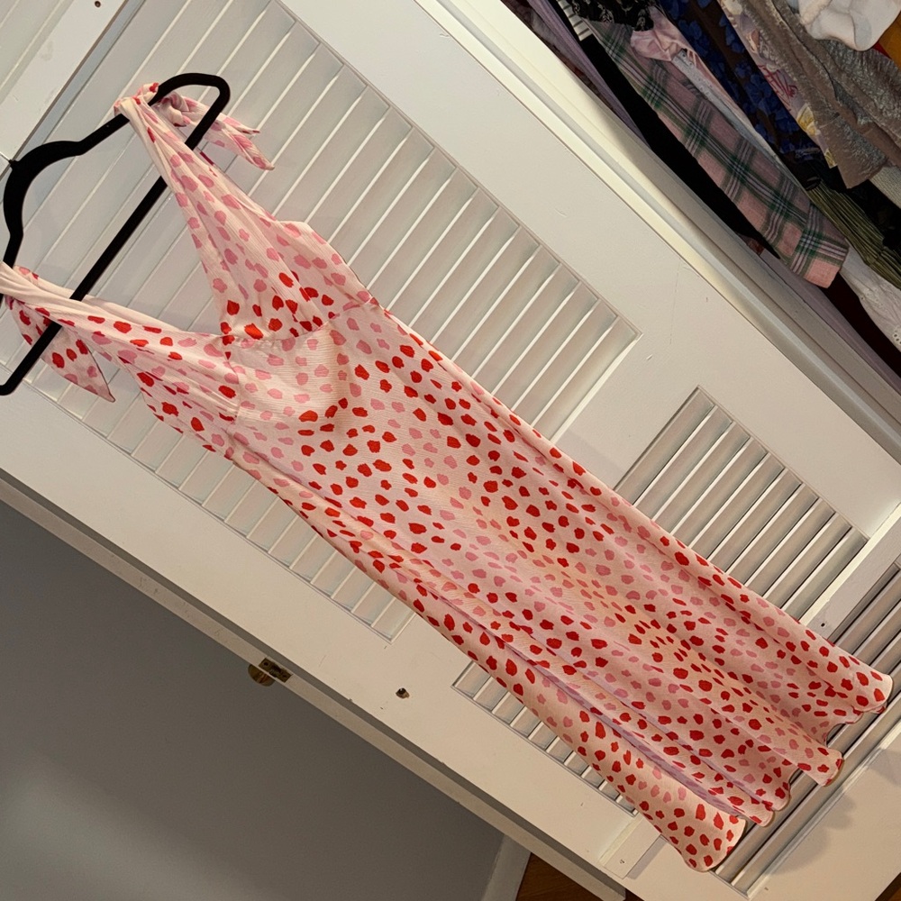 BCBGeneration Pink and Red Polka Dot Midi Dress